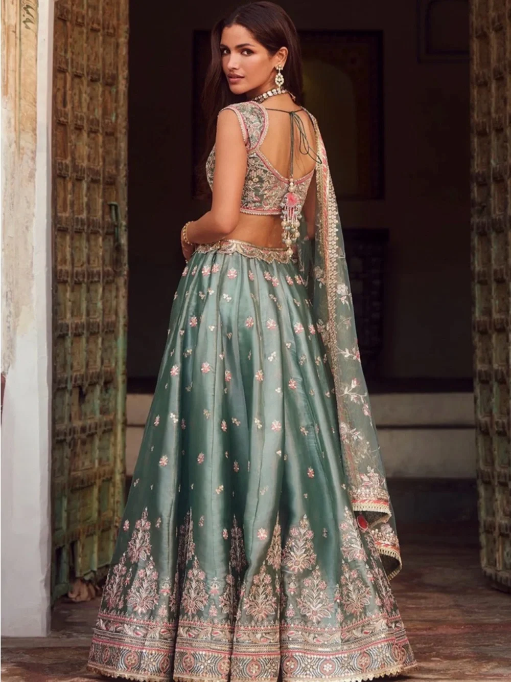 Embellished Sage Green Lehenga Set with Blouse and Dupatta - Picture 2 of 3
